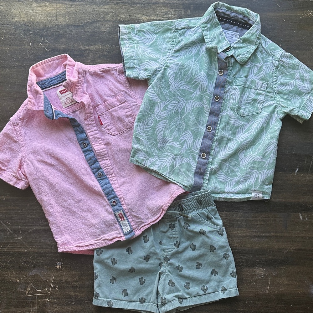 Levi's Pink Cotton Button-Down Shirt Baby Boy Outfit Green Cactus Canvas Shorts